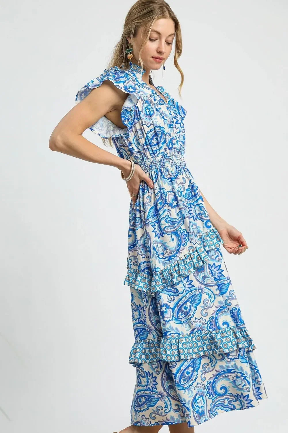 Heraki Paisley Print Ruffle Sleeve Midi Dress - Heraki 