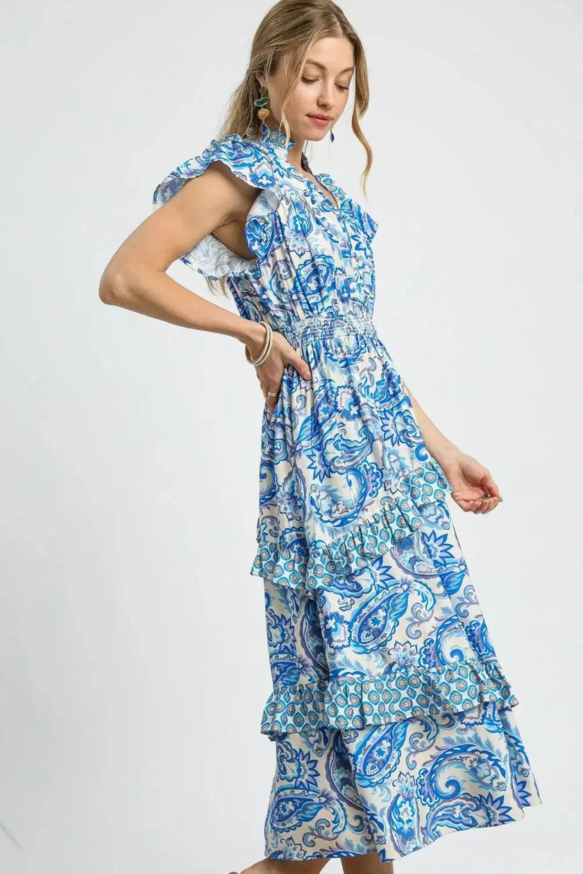 Heraki Paisley Print Ruffle Sleeve Midi Dress - Heraki 