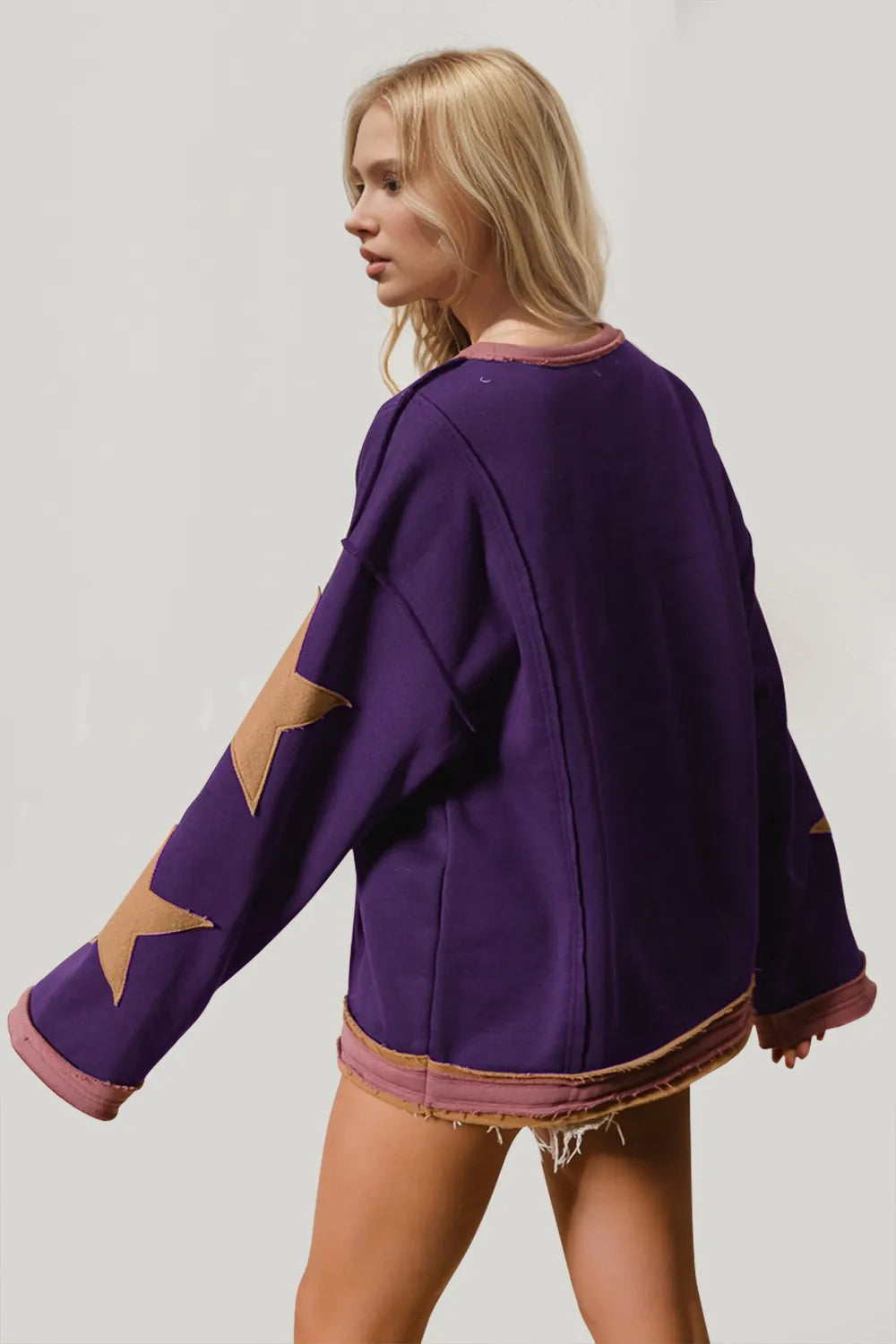 Star Patched Exposed Seam Long Sleeve Sweatshirt