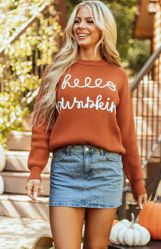 Letter Graphic Round Neck Knit Sweater