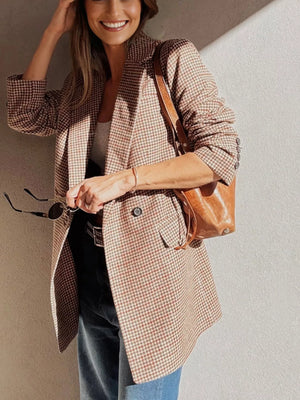 Classic Houndstooth Lapel Collar Blazer - Timeless Plaid Tailored Jacket