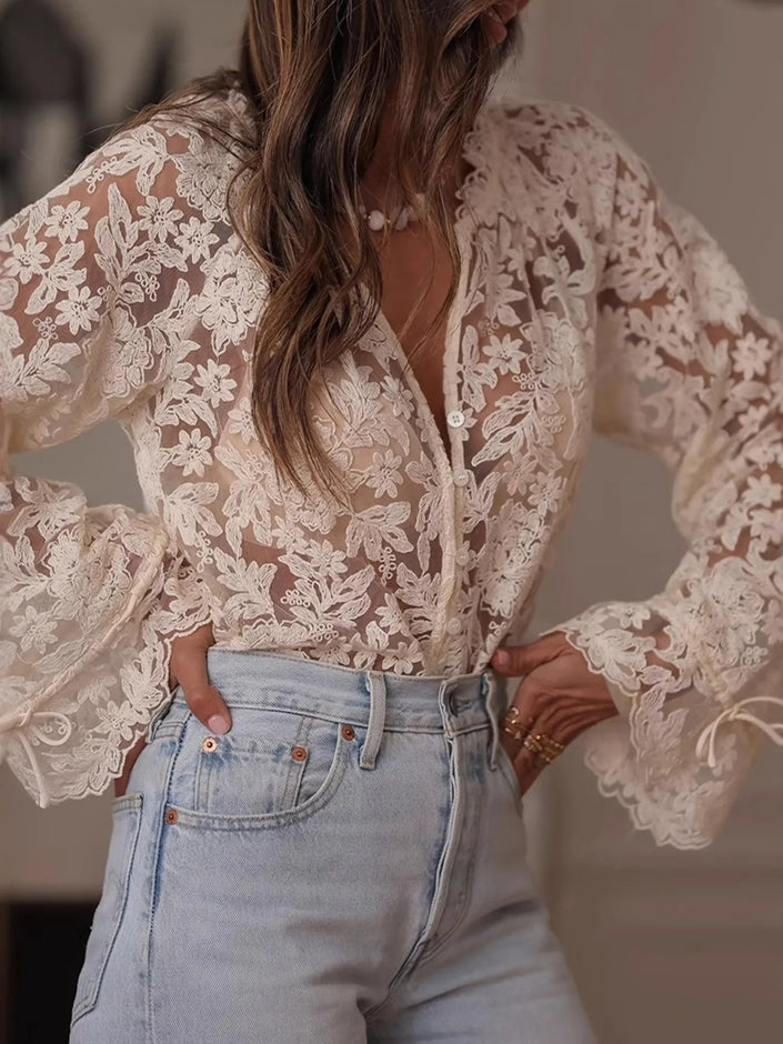 Lace Button-Up Long Sleeve Shirt