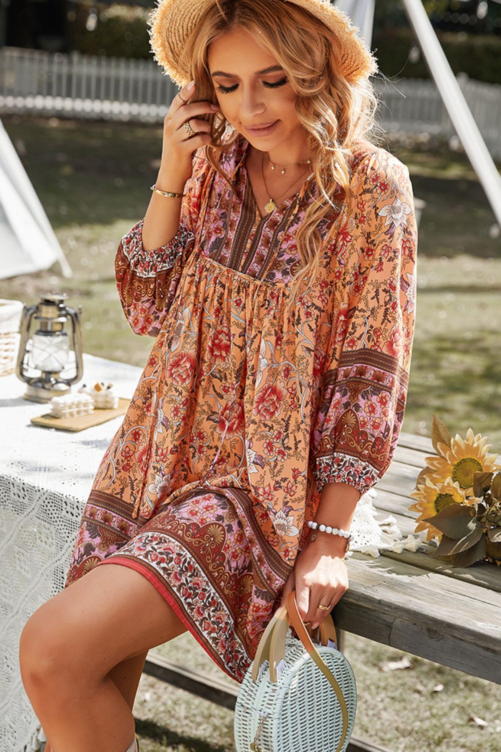 Bohemian Tie Neck Mini Dress