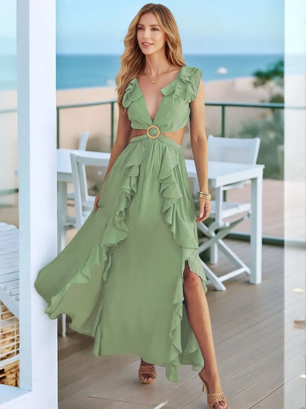 Cutout Ruffled Cap Sleeve Maxi Dress with Side Slit - Boho Chic Vacation & Beachfront Gown