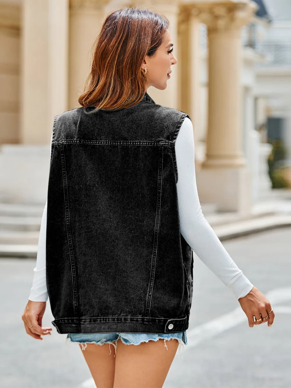 Women's Sleeveless Button Up Denim Vest with Pockets