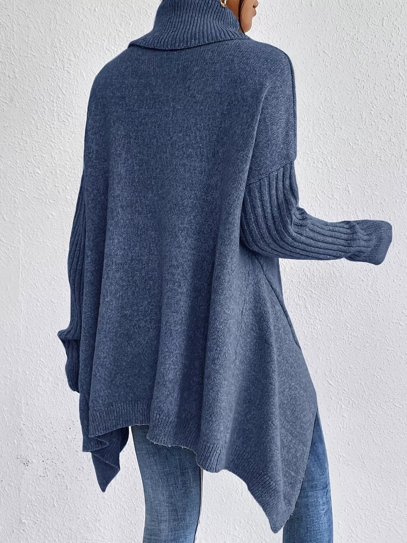 Turtleneck High-Low Hem Ribbed Sweater - Oversized Asymmetrical Knit Pullover