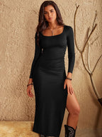 Elegant Square Neck Slit Midi Dress - Long Sleeve Wrap Style
