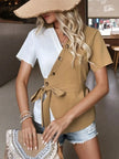 Two-Tone Tie Waist Blouse