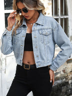 Women's Button Up Cropped Denim Jacket with Chest Pockets