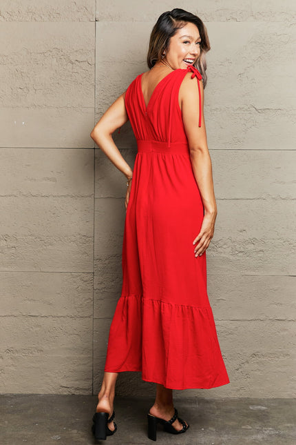 Perfee Drawstring V-Neck Sleeveless Ruffle Maxi Dress