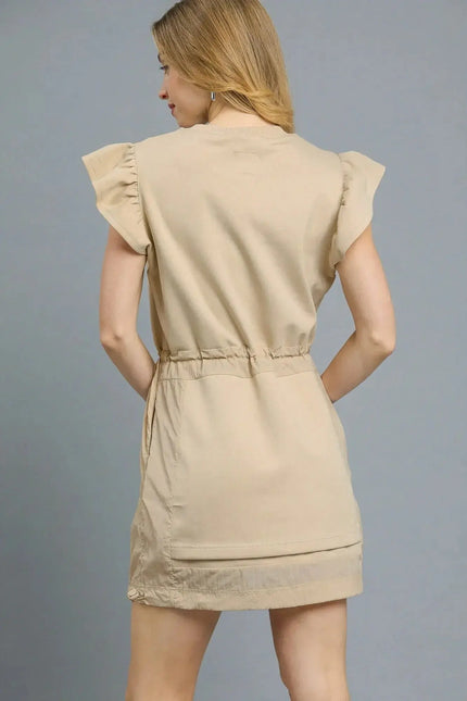 Umgee Luxe knit Ruffle Sleeve Drawstring Mini Dress - Heraki 