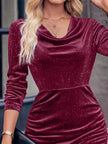 Velvet Cowl Neck Ruched Long Sleeve Bodycon Dress