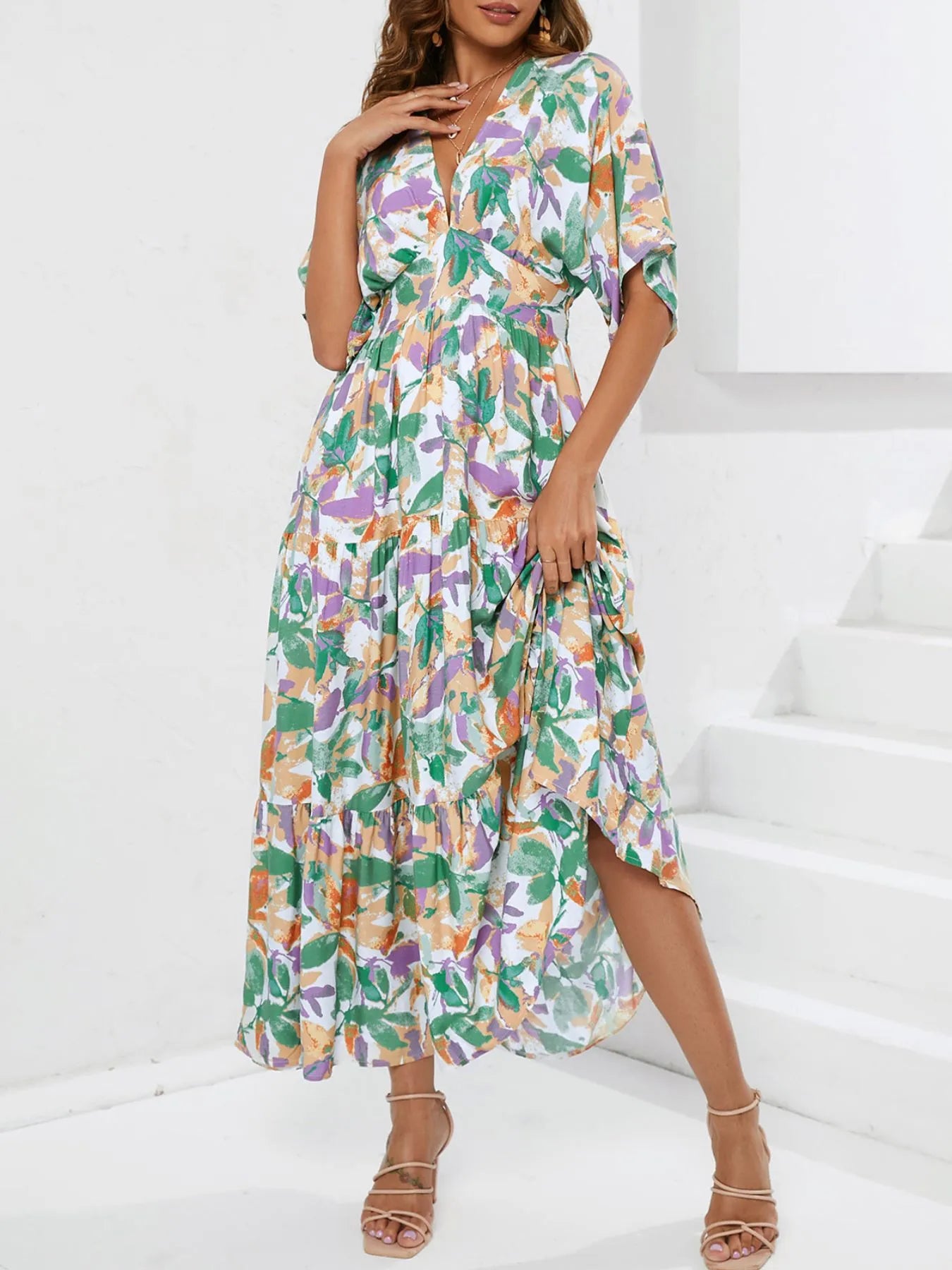 Floral Boho Ruched Midi Dress
