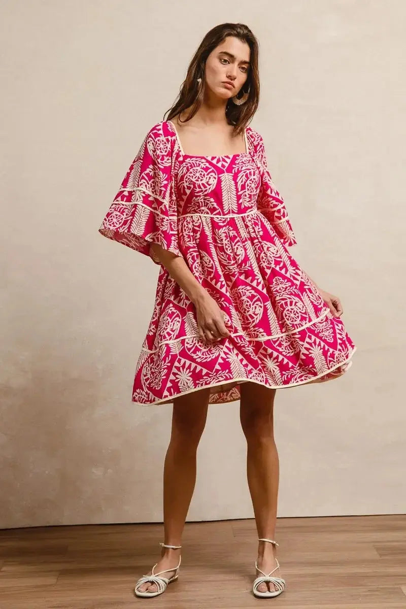 BiBi Aztec Woven Printed Contrast Binding Dress - Heraki 