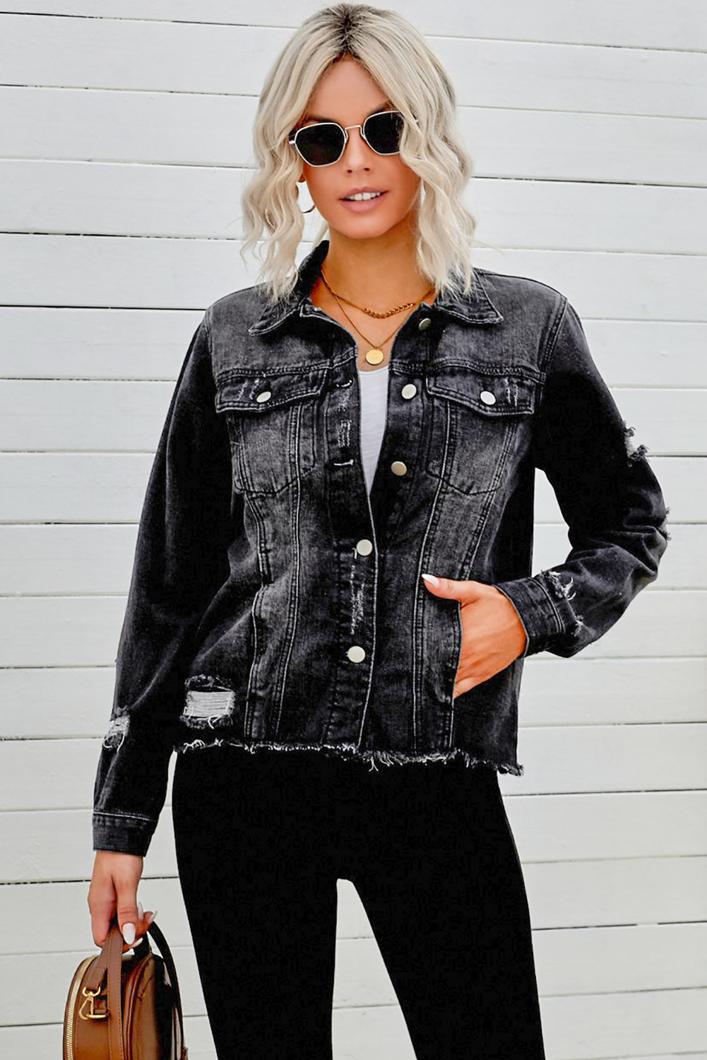 Distressed Raw Hem Cropped Denim Jacket