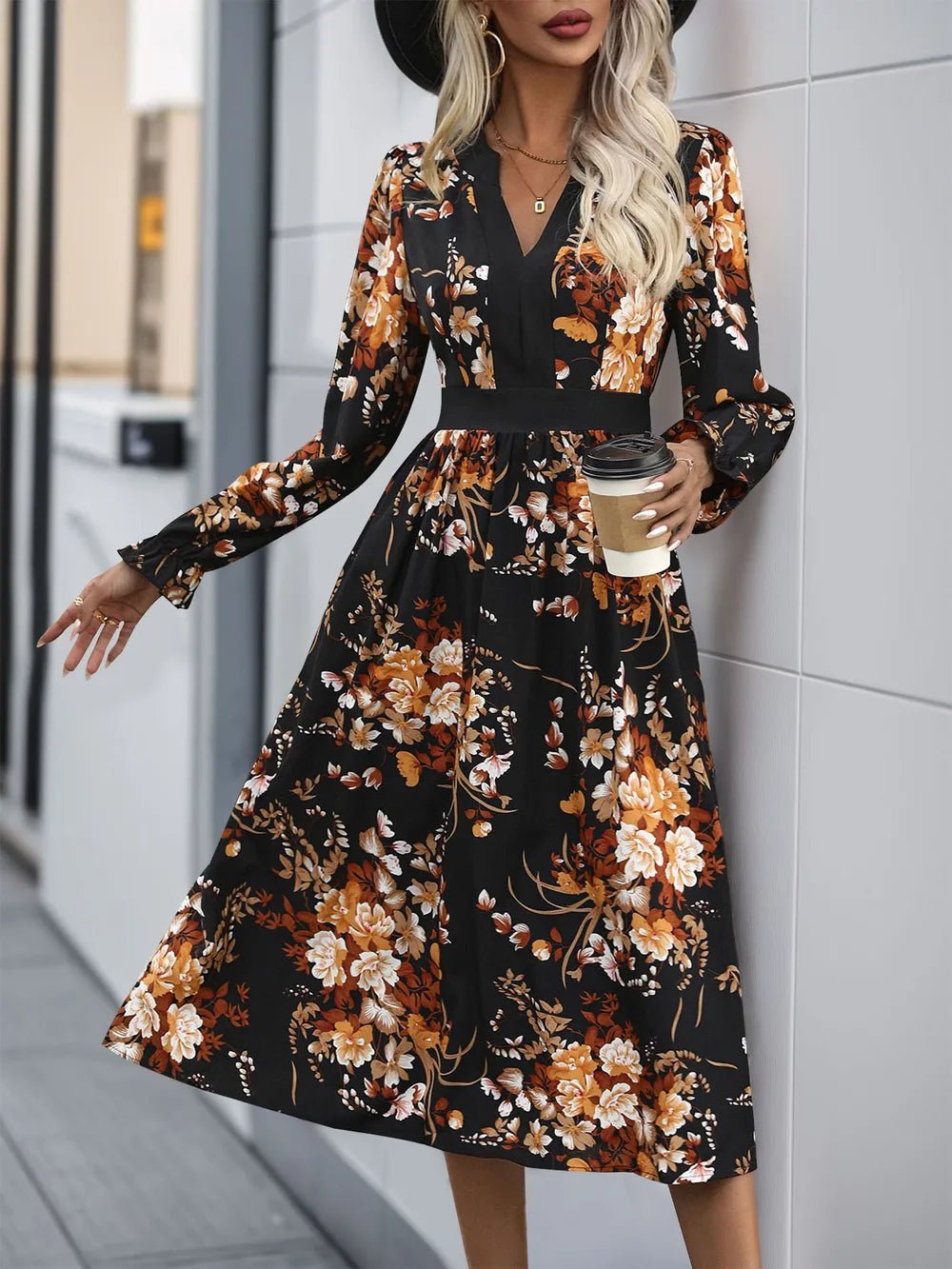 Floral Notched Neck Midi Dress