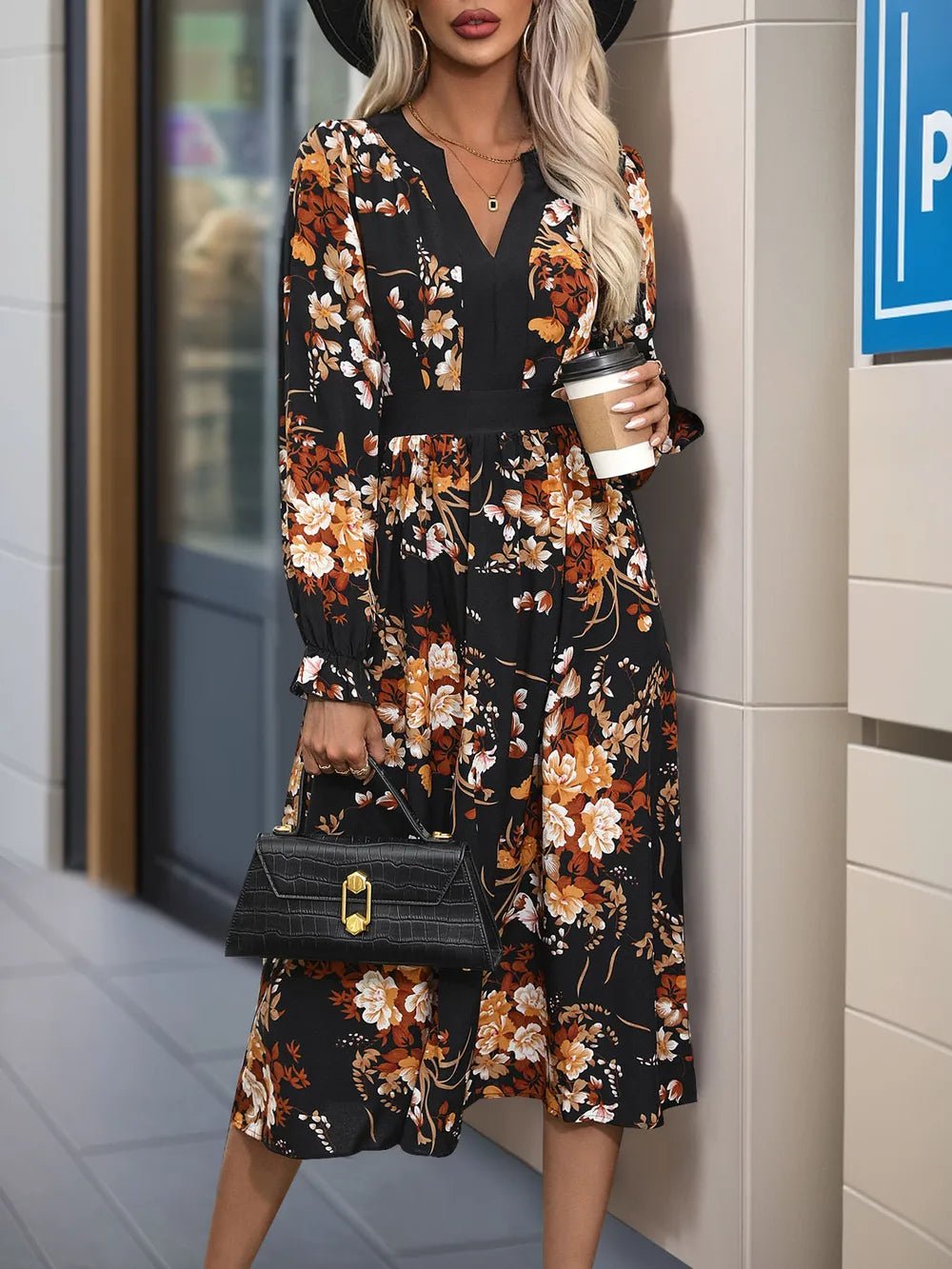 Floral Notched Neck Midi Dress