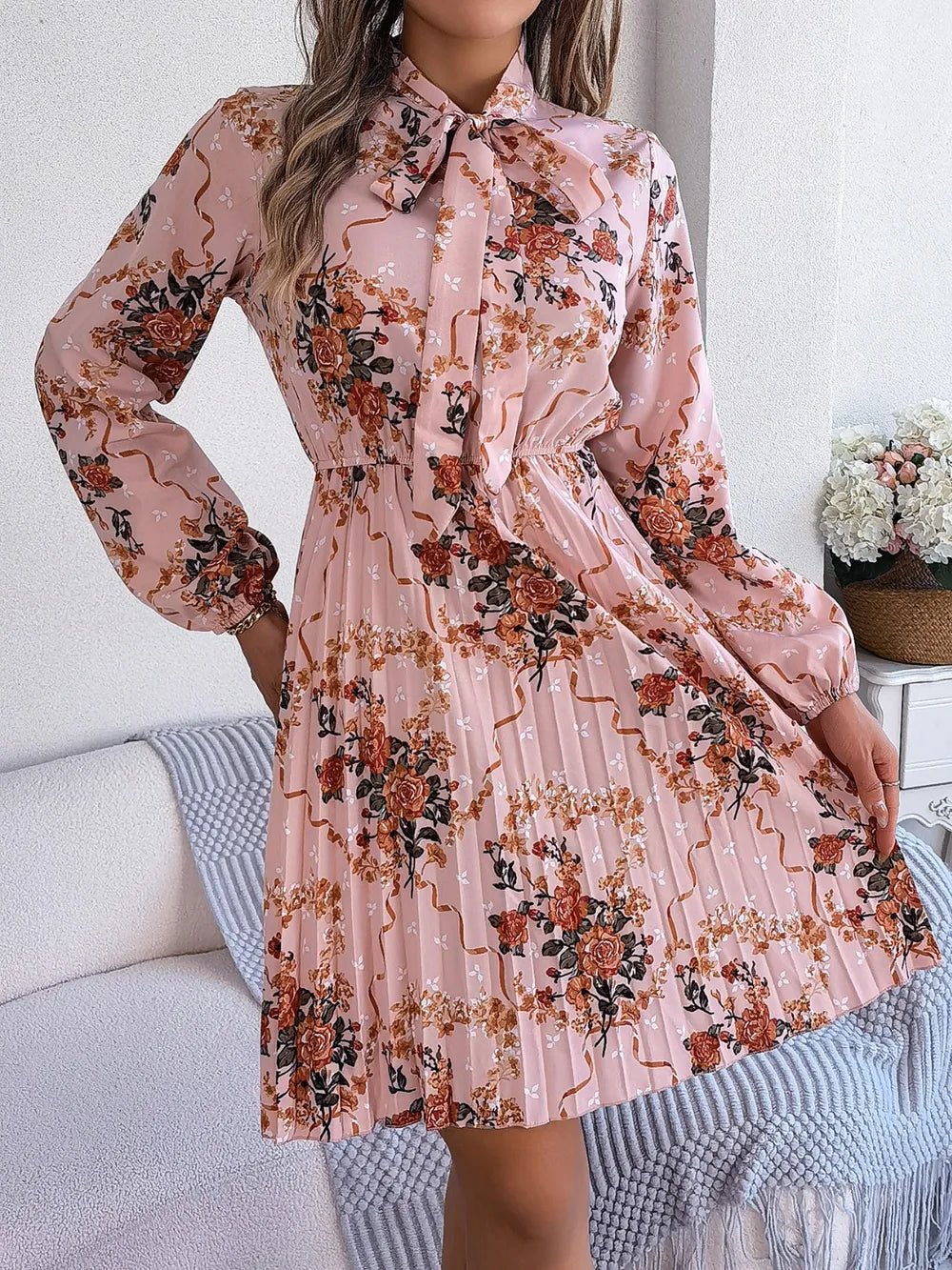 Floral Pleated Tie Neck Dress