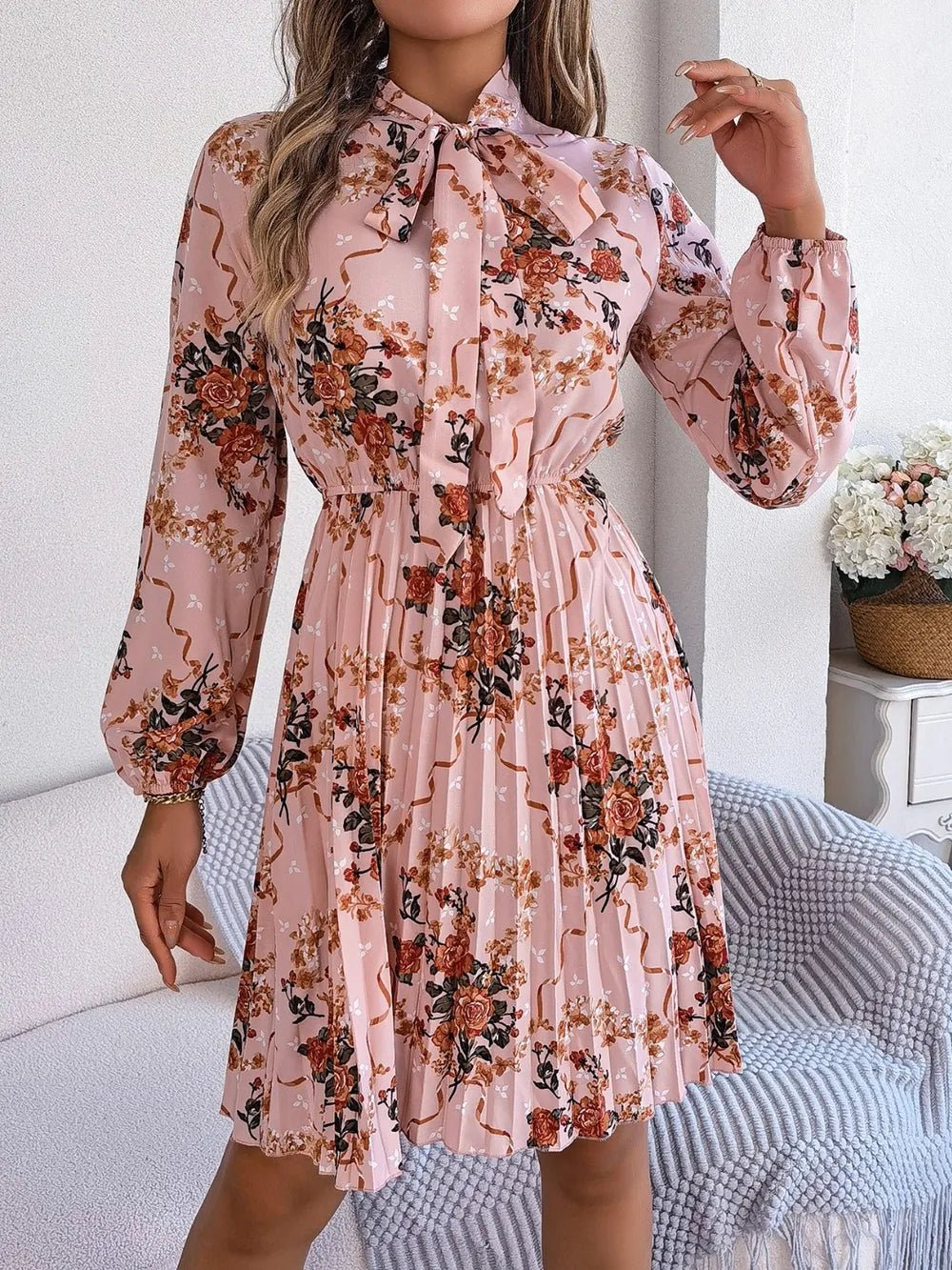 Floral Pleated Tie Neck Dress