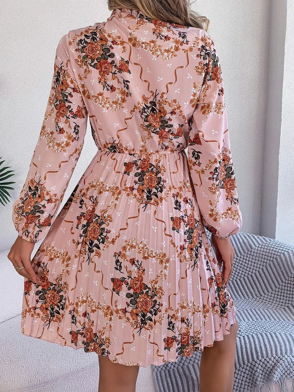 Floral Pleated Tie Neck Dress Secondary image
