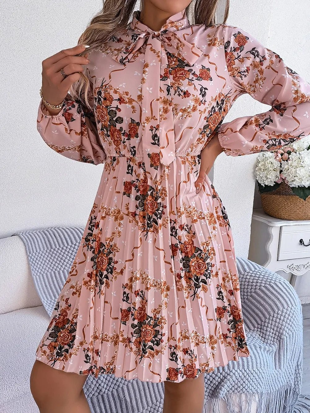 Floral Pleated Tie Neck Dress
