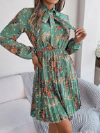 Floral Pleated Tie Neck Dress