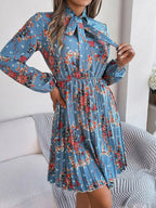Floral Pleated Tie Neck Dress