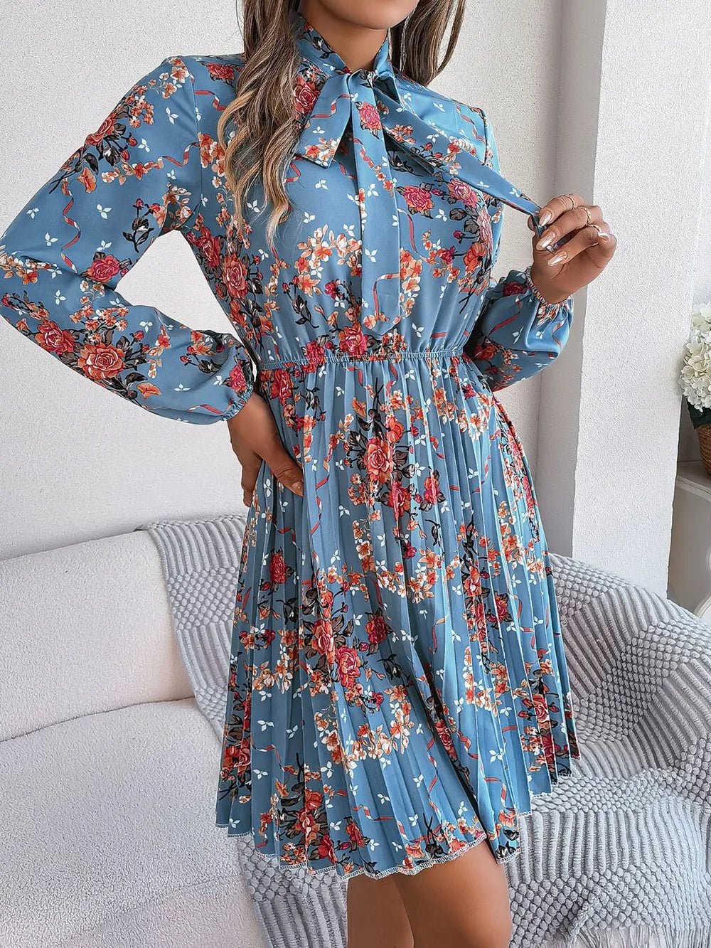 Floral Pleated Tie Neck Dress