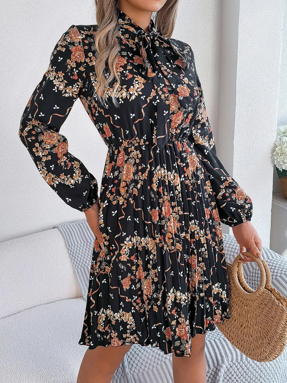 Floral Pleated Tie Neck Dress