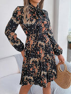 Floral Pleated Tie Neck Dress