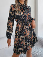Floral Pleated Tie Neck Dress