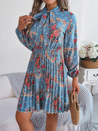 Floral Pleated Tie Neck Dress