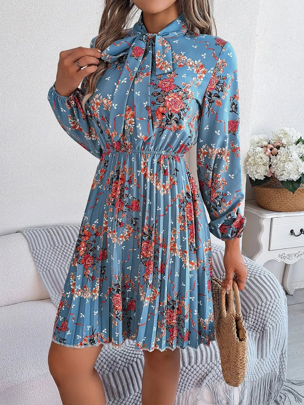 Floral Pleated Tie Neck Dress