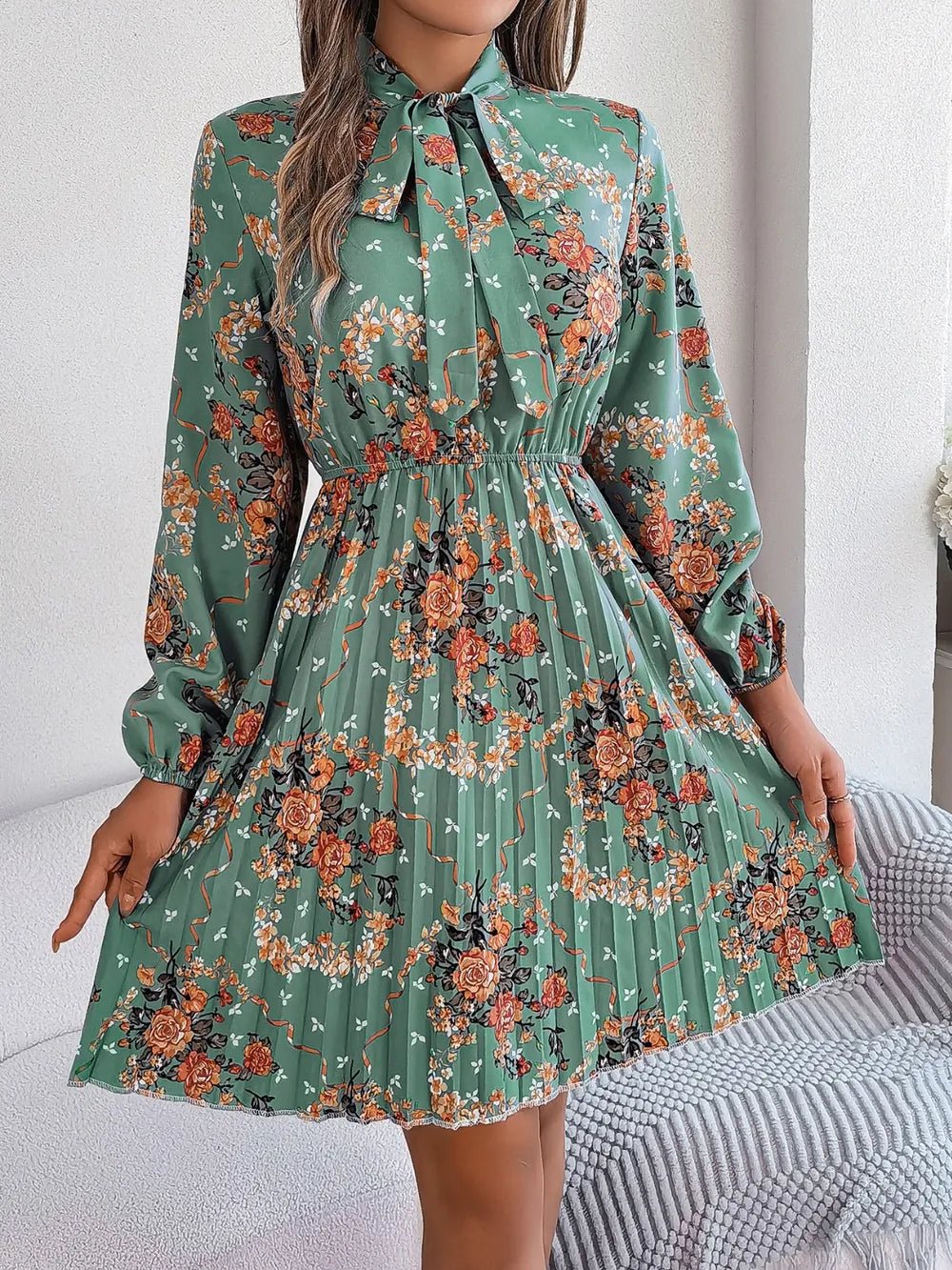 Floral Pleated Tie Neck Dress