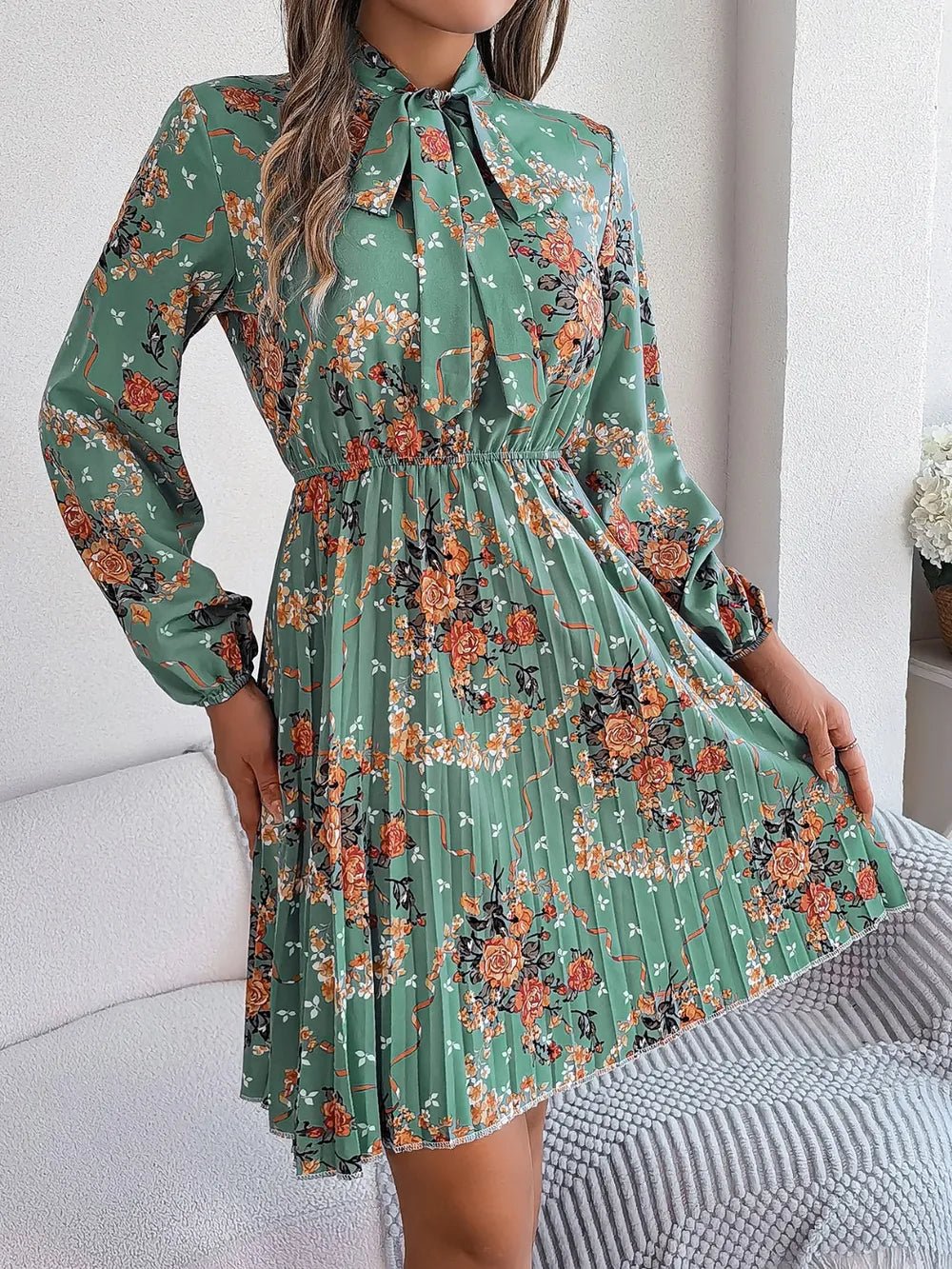 Floral Pleated Tie Neck Dress