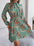 Floral Pleated Tie Neck Dress