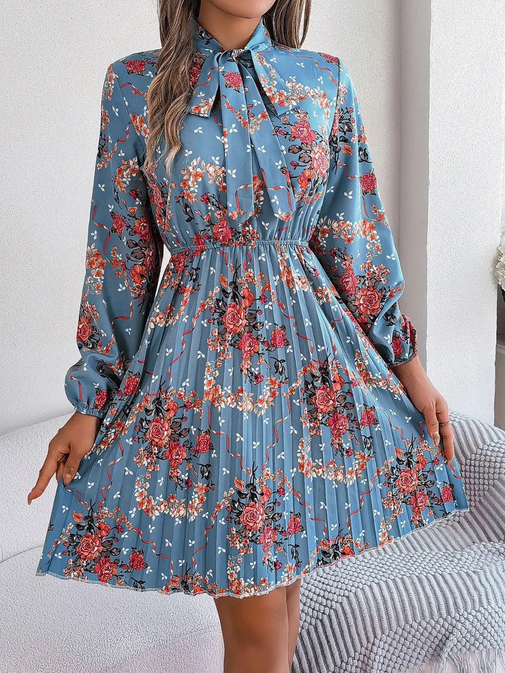 Floral Pleated Tie Neck Dress