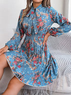 Floral Pleated Tie Neck Dress