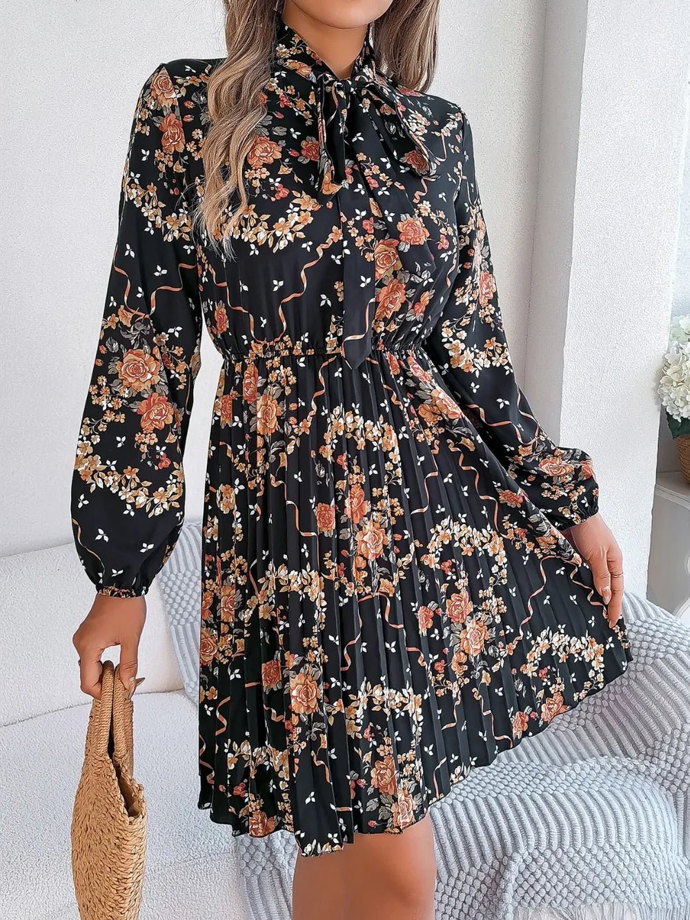 Floral Pleated Tie Neck Dress