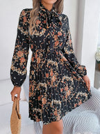 Floral Pleated Tie Neck Dress