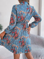Floral Pleated Tie Neck Dress