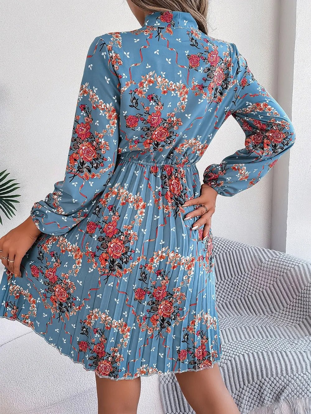 Floral Pleated Tie Neck Dress
