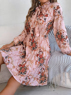 Floral Pleated Tie Neck Dress