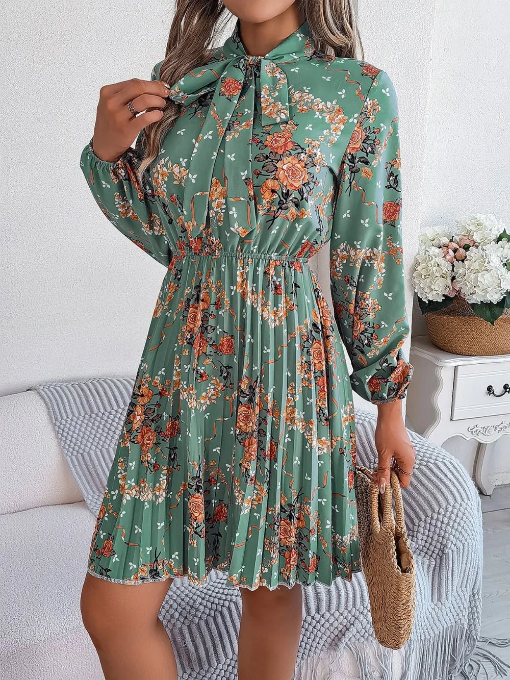 Floral Pleated Tie Neck Dress