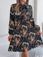 Floral Pleated Tie Neck Dress