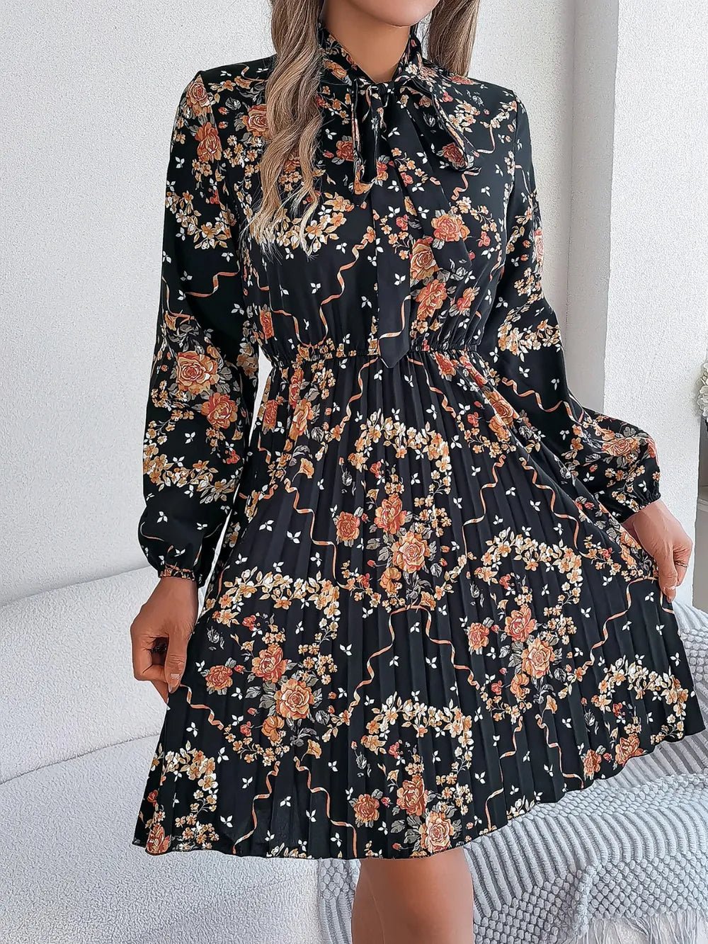 Floral Pleated Tie Neck Dress
