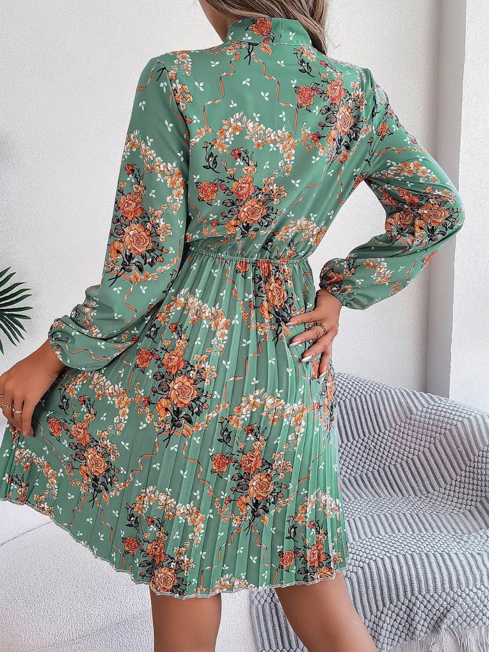Floral Pleated Tie Neck Dress