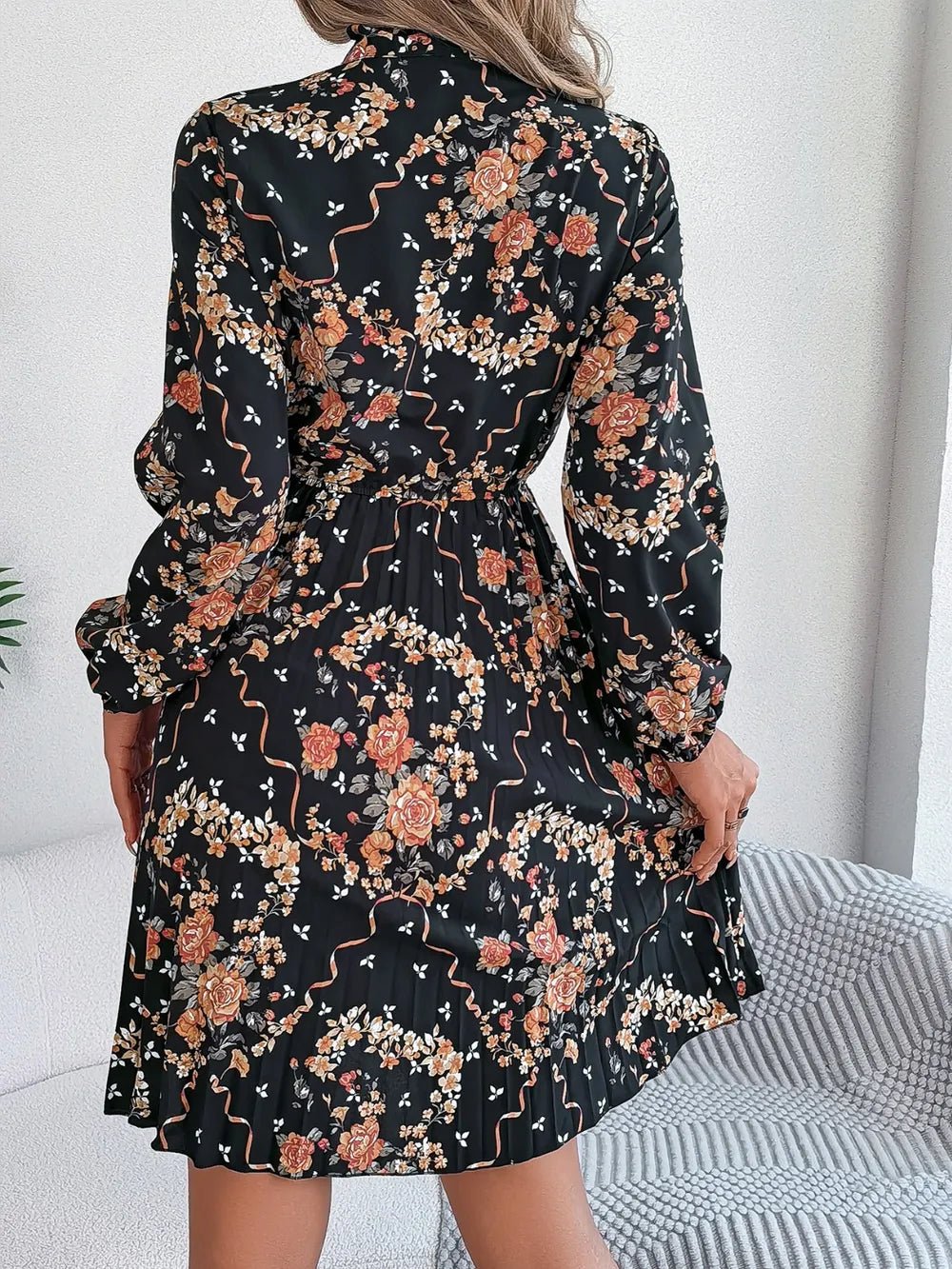 Floral Pleated Tie Neck Dress