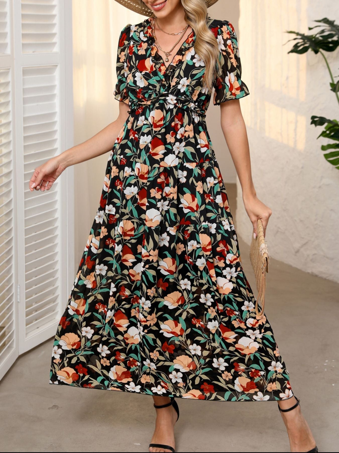 Floral V-Neck Waist Maxi Dress
