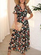Floral V-Neck Waist Maxi Dress